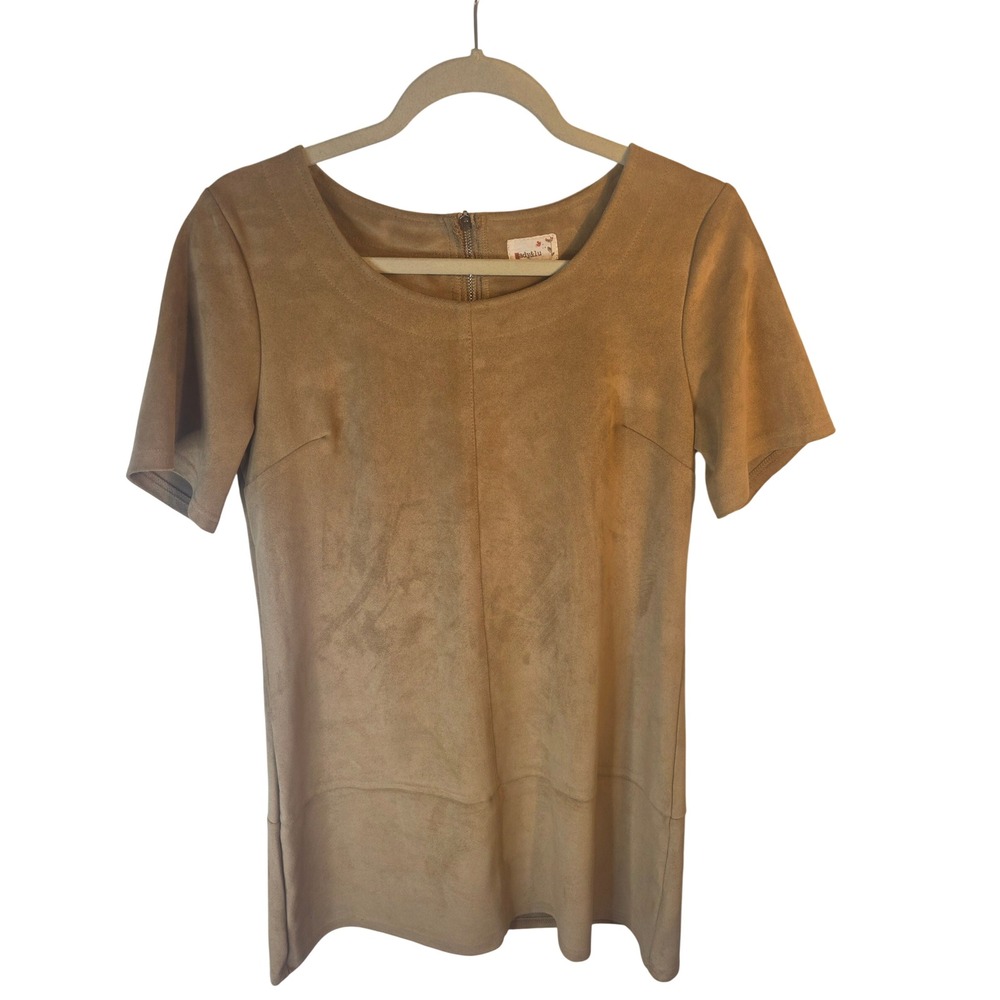Sady & Lu Womens Camel Tan Faux Suede Short Sleeve Scoop Neck Zip Back Top M